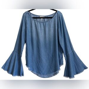 CLOTH & STONE 100% Tencel Lightweight Denim Flounce Sleeve Frayed Hem Top Size L